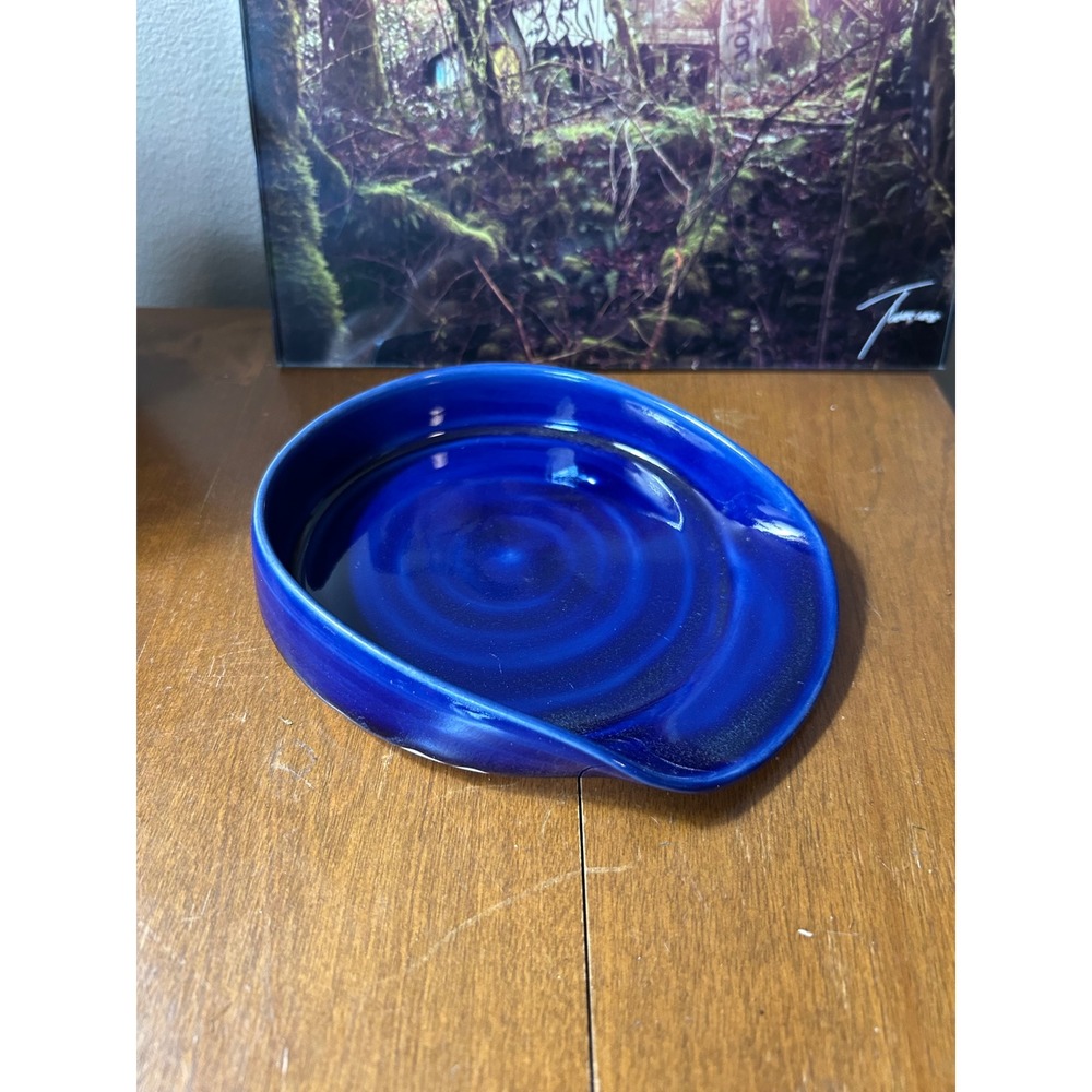 Handmade Cobalt Blue Ceramic Spoon Rest Round Pottery Kitchen Utensil Holder RH